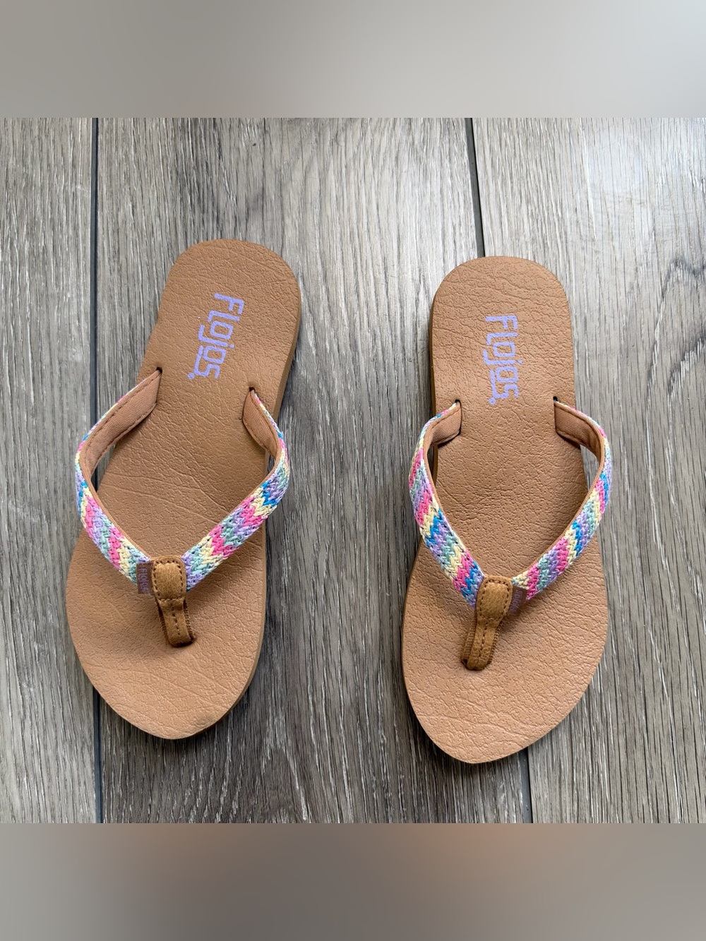 Flojos Girls' Tan Flip-Flops with Rainbow Braided Straps